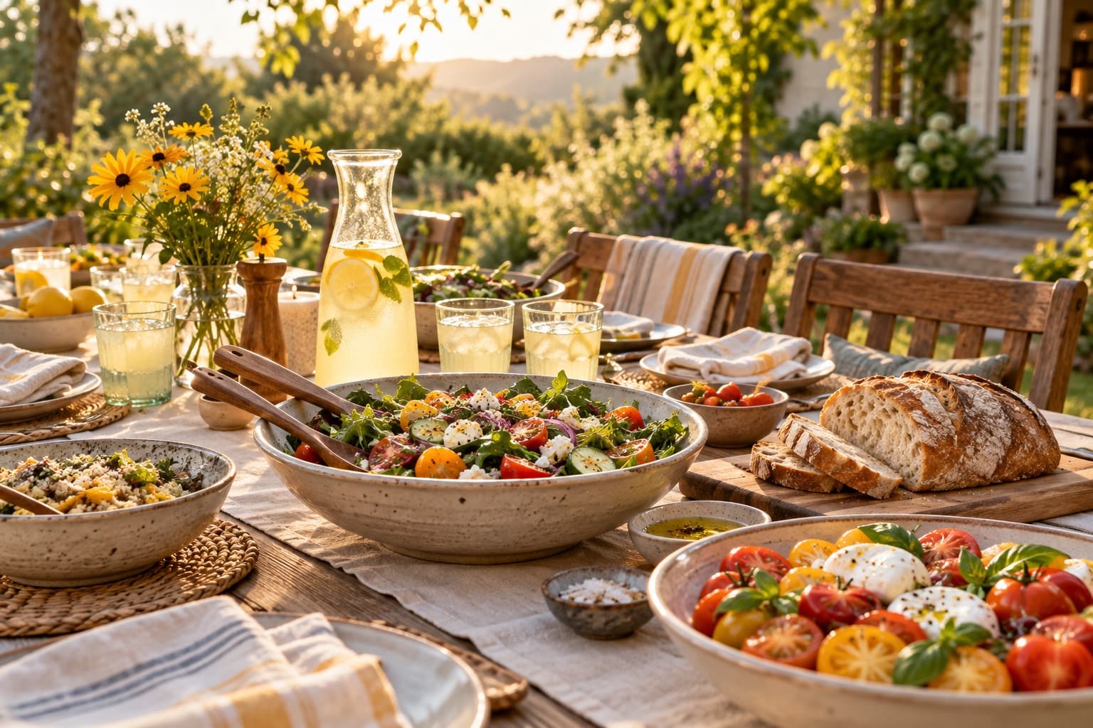 A sunny backyard table set with salads, bread, lemonade, and yellow flowers